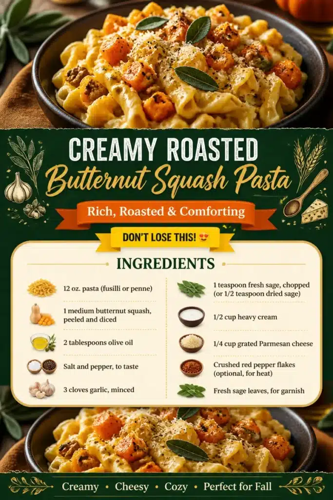 Creamy roasted butternut squash pasta topped with herbs and cheese