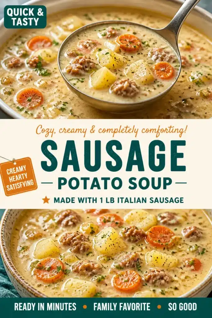 Bowl of creamy sausage and potato soup topped with herbs