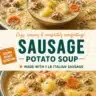 Bowl of creamy sausage and potato soup topped with herbs