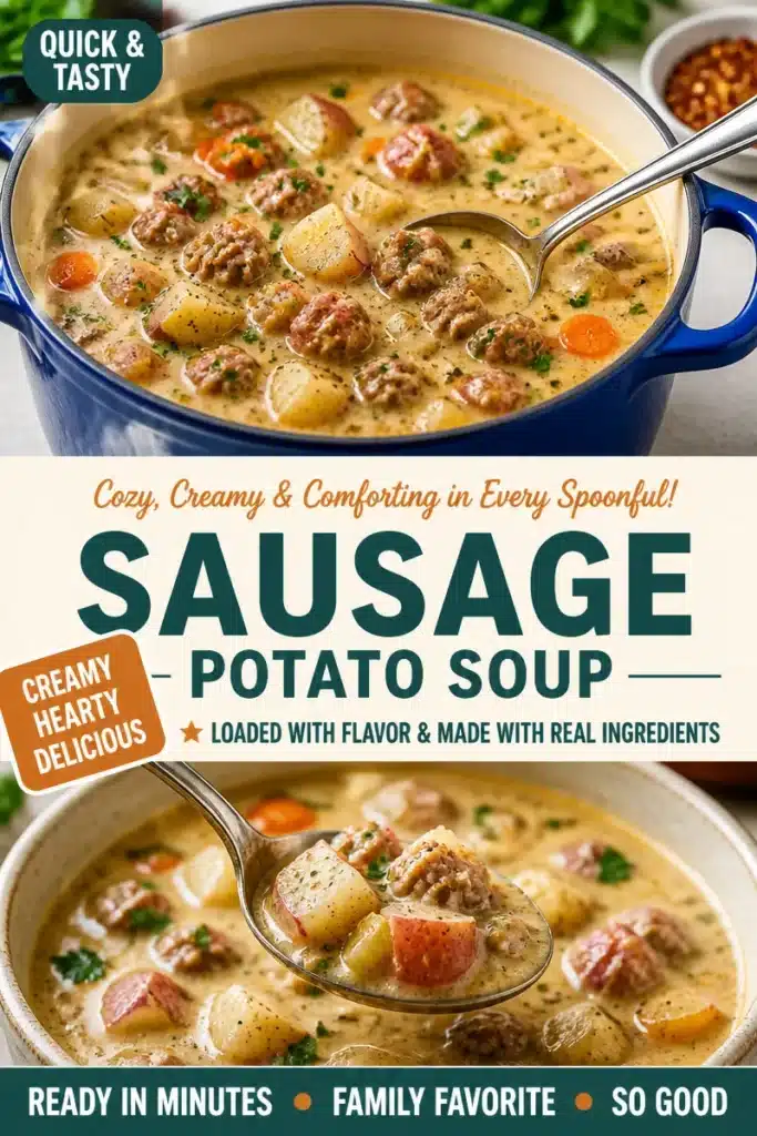 Bowl of creamy sausage and potato soup garnished with herbs