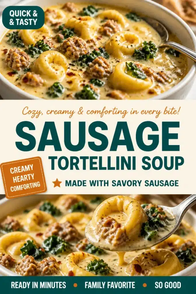 Creamy sausage and tortellini soup in a bowl, garnished with herbs.