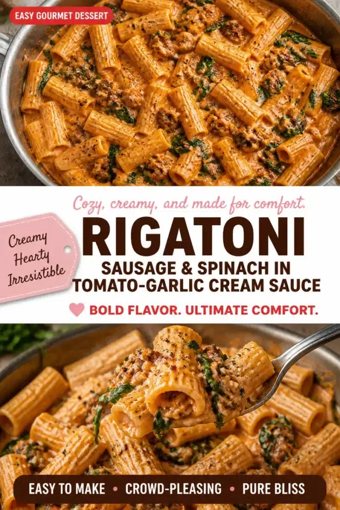 Creamy sausage rigatoni with spinach in tomato-garlic cream sauce on a plate