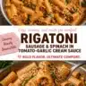 Creamy sausage rigatoni with spinach in tomato-garlic cream sauce on a plate