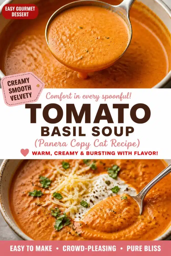 Bowl of creamy tomato-basil soup garnished with fresh basil leaves