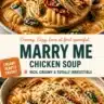 Creamy tomato parmesan chicken soup served in a bowl with fresh herbs on top.