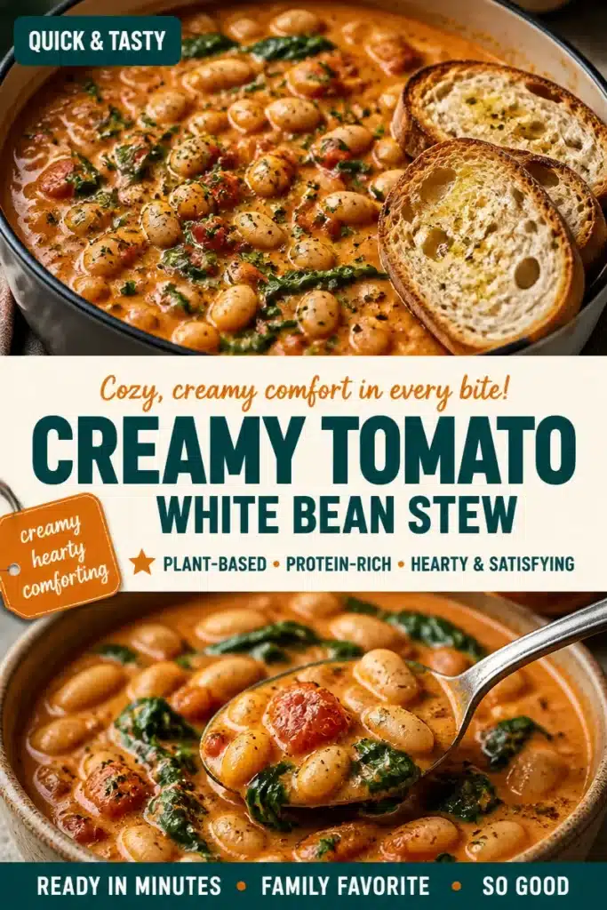 Bowl of creamy tomato white bean stew with fresh herbs and vegetables.