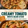 Bowl of creamy tomato white bean stew with fresh herbs and vegetables.