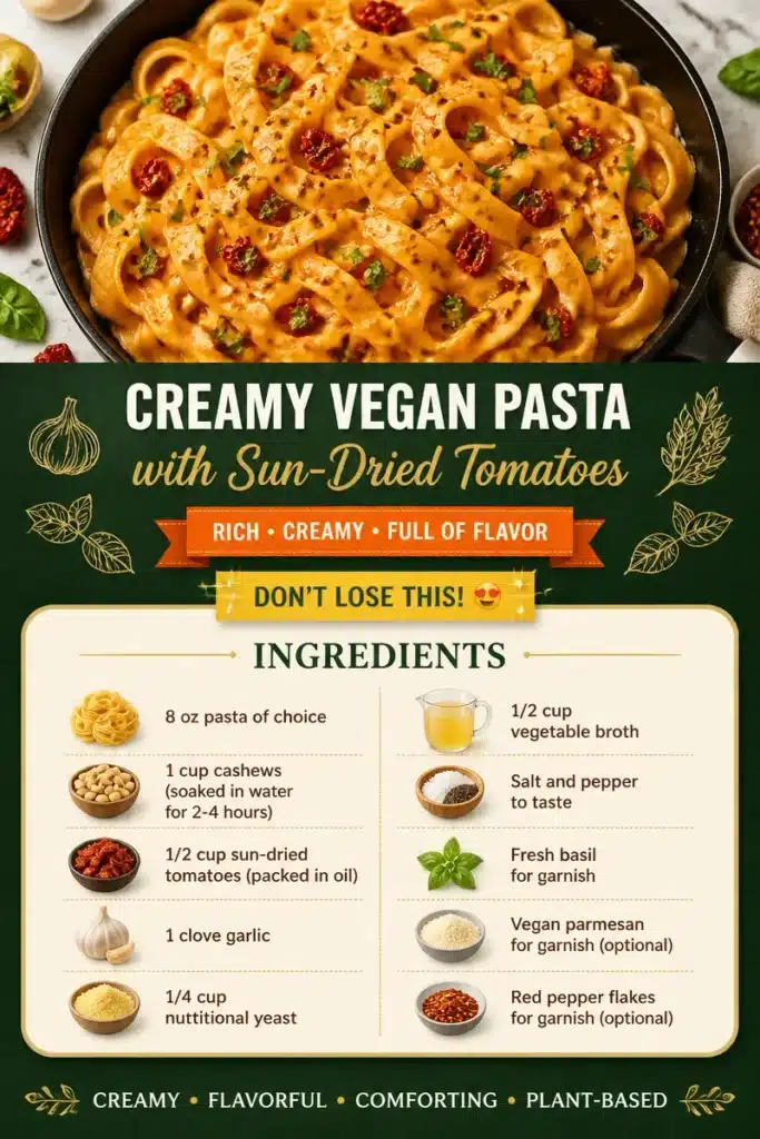 Creamy vegan pasta dish topped with sun-dried tomatoes and fresh herbs