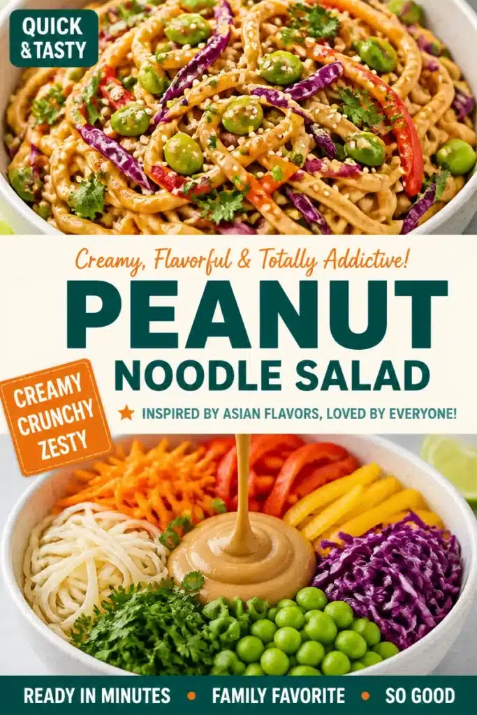 Creamy vegan Thai Peanut Noodle Salad with fresh vegetables and peanut sauce