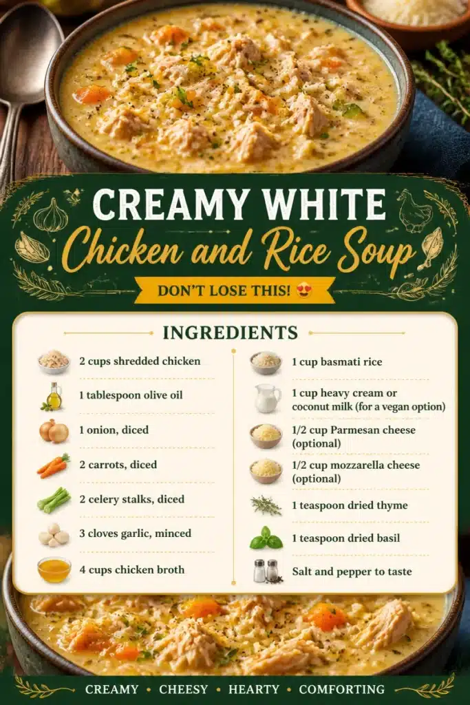 Creamy white chicken and rice soup in a bowl, garnished with herbs.