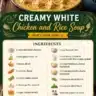 Creamy white chicken and rice soup in a bowl, garnished with herbs.