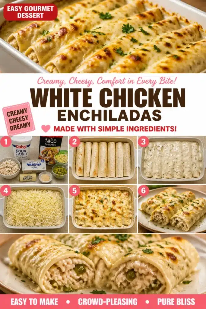 Creamy white chicken enchiladas topped with cheese and cilantro.