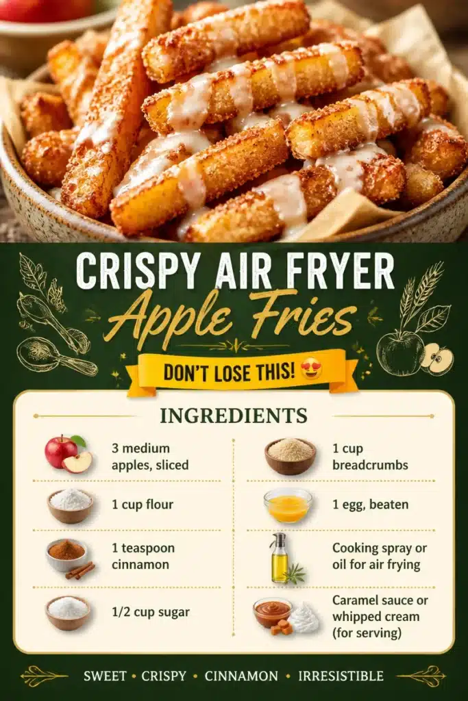 Crispy air fryer apple fries served with a dipping sauce.