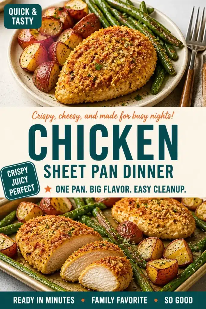 Crispy Parmesan-Crusted Chicken served on a sheet pan with vegetables