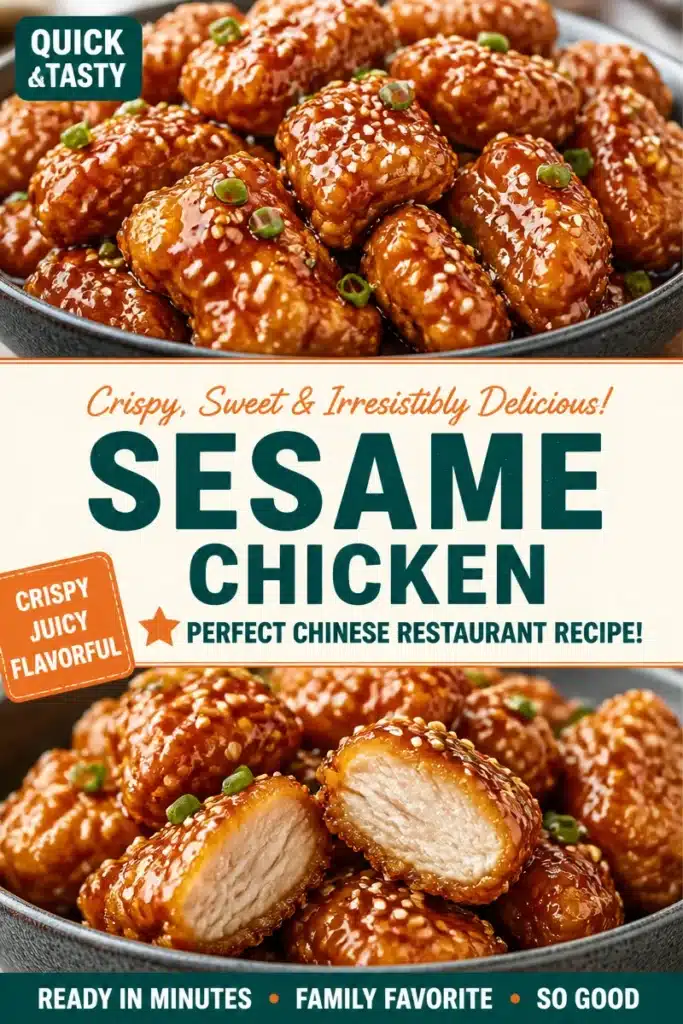 Plate of crispy sesame chicken with sesame seeds and vegetables