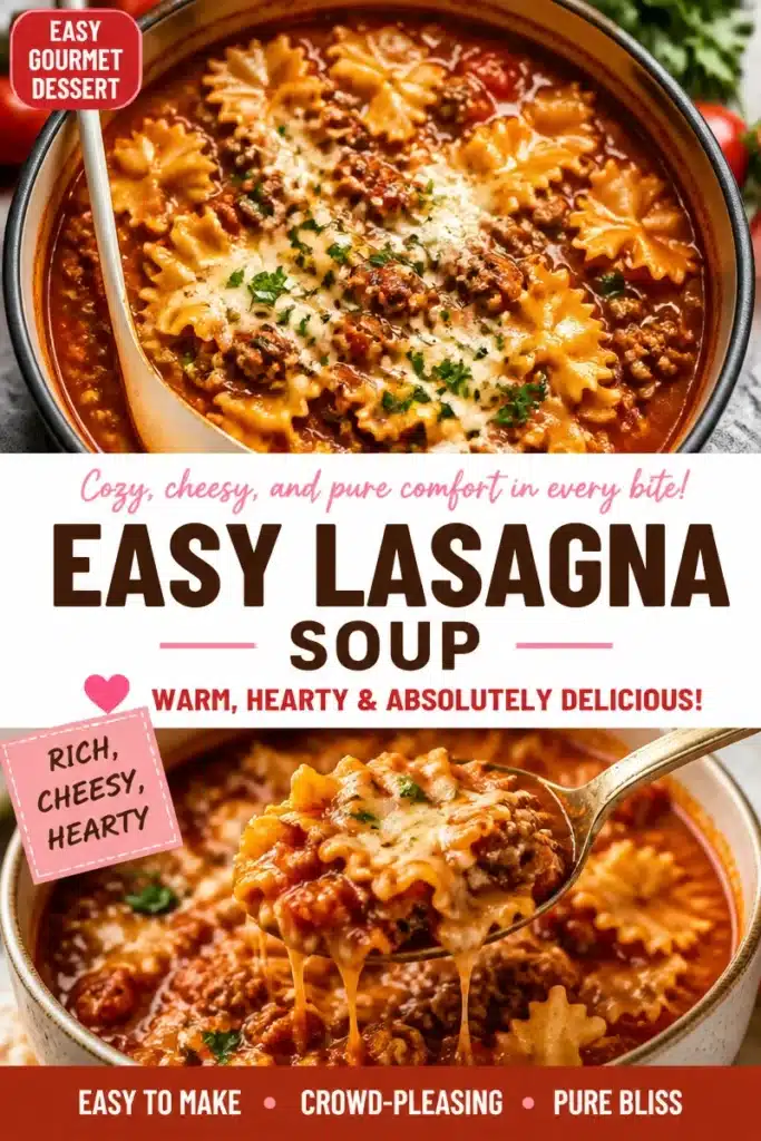 A bowl of easy lasagna soup topped with cheese and herbs