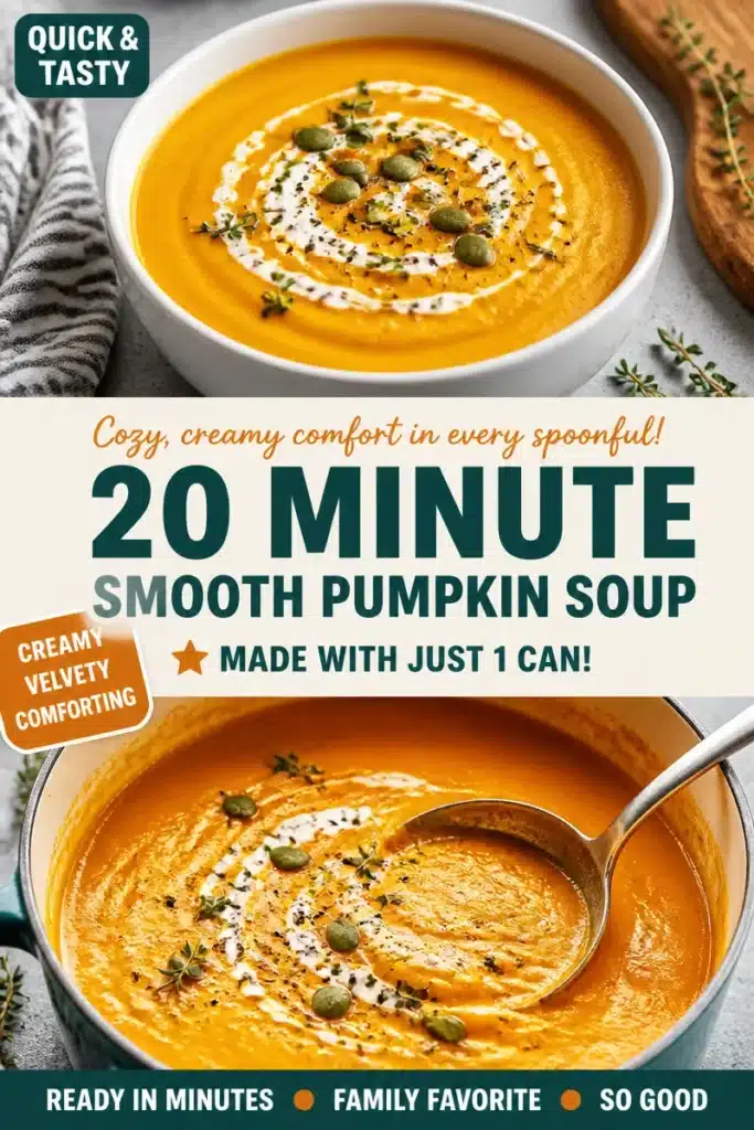 Bowl of creamy canned pumpkin soup garnished with herbs