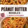 Bowl of spicy peanut butter noodles garnished with chili and herbs