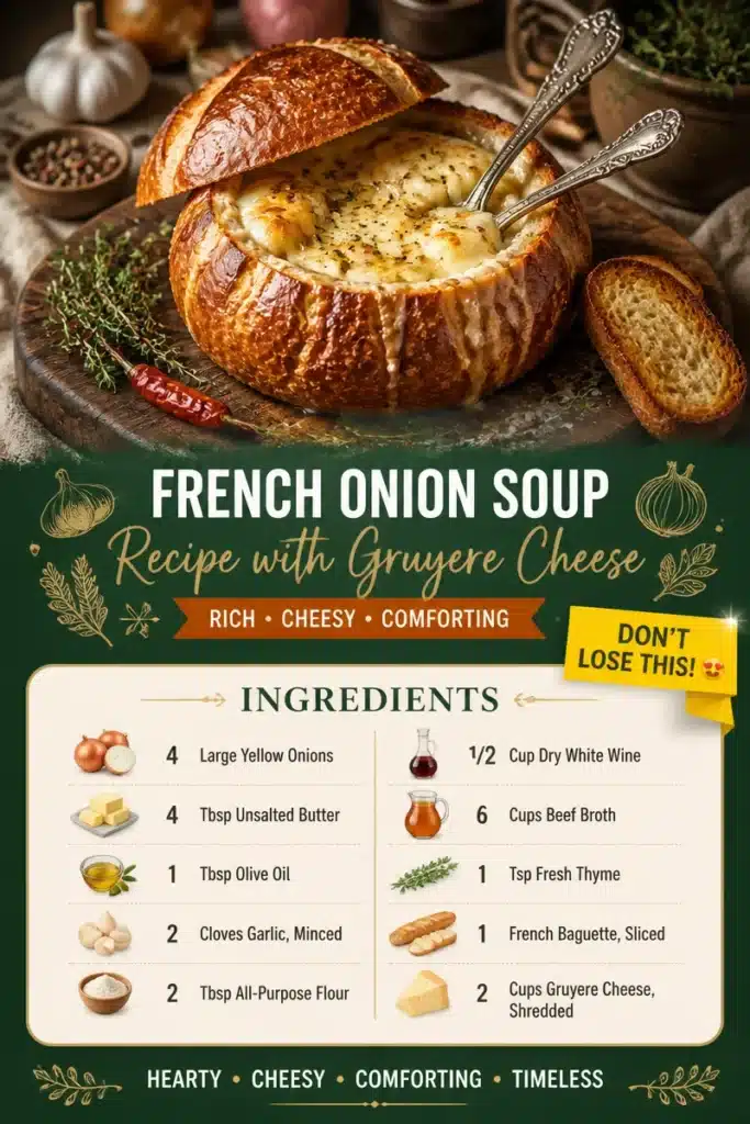 Bowl of French onion soup topped with melted Gruyere cheese and crusty bread