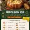 Bowl of French onion soup topped with melted Gruyere cheese and crusty bread