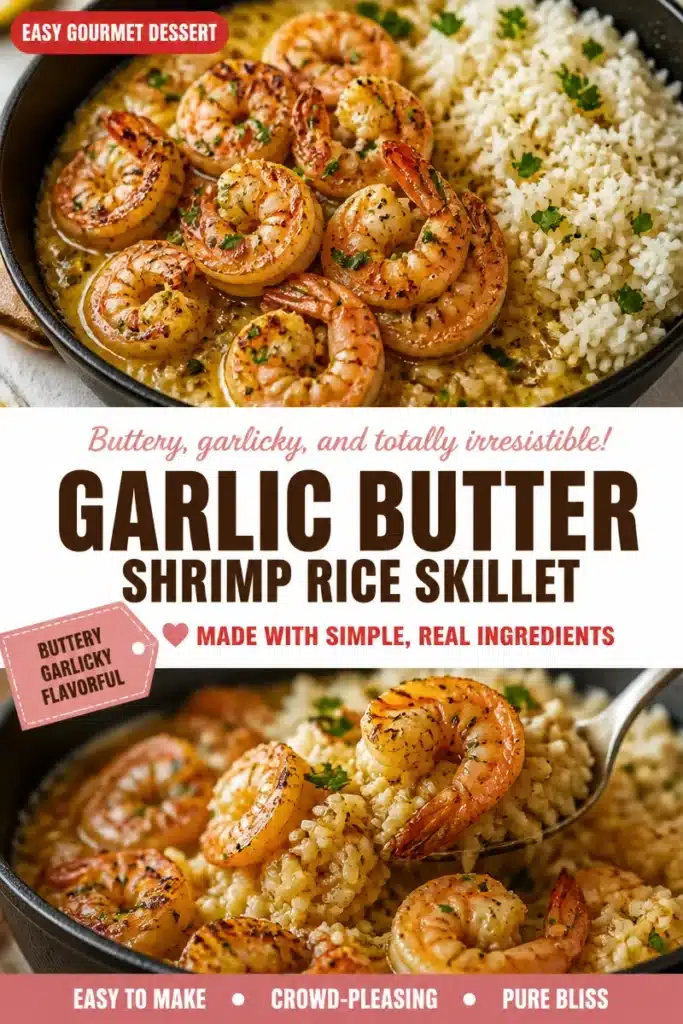 Garlic Butter Shrimp served with rice in a skillet for a delicious meal