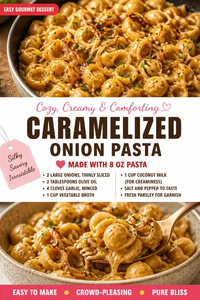 Delicious bowl of golden caramelized onion pasta