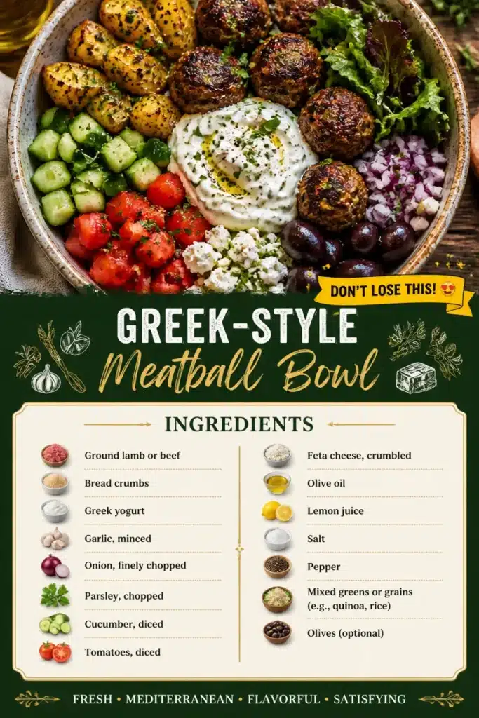 Delicious Greek-Style Meatball Bowl with seasoned meatballs and fresh vegetables