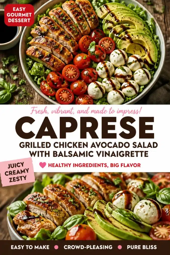 Grilled chicken avocado Caprese salad with balsamic vinaigrette
