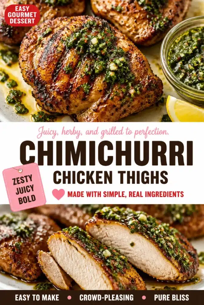 Grilled chicken thighs topped with chimichurri sauce on a plate.