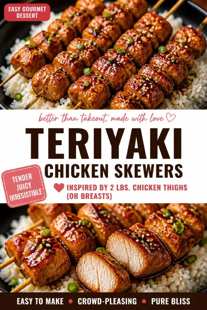 Grilled teriyaki chicken kebabs on a platter with vegetables