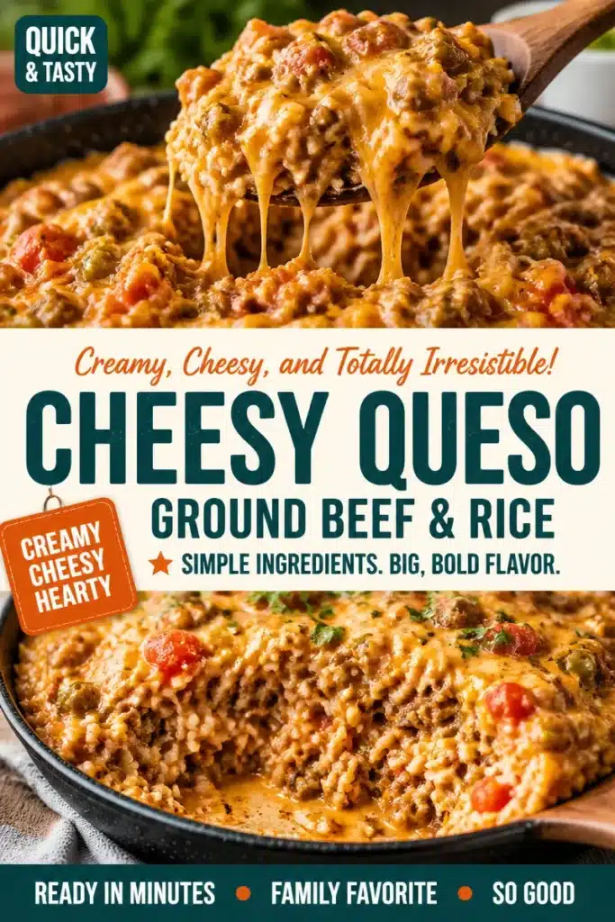 Ground Beef and Rice with Cheesy Queso served in a bowl
