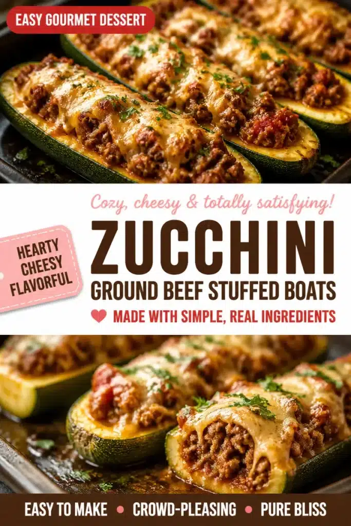 Ground Beef Stuffed Zucchini Boats garnished with herbs and cheese