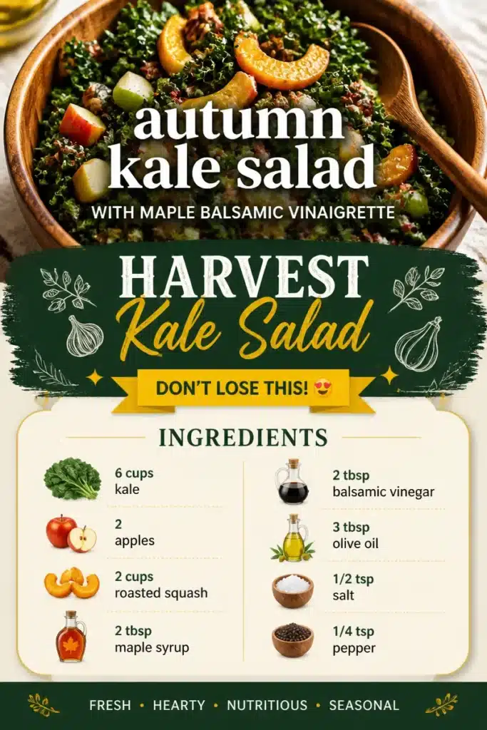 A colorful Harvest Kale Salad featuring fresh kale, seasonal vegetables, and dressing.