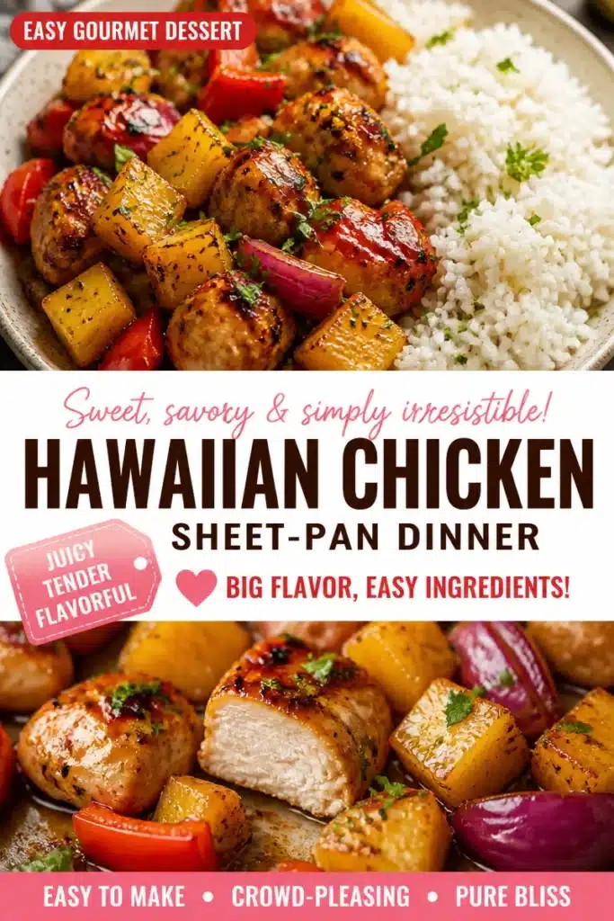 Hawaiian chicken sheet-pan dinner with colorful vegetables and pineapple.