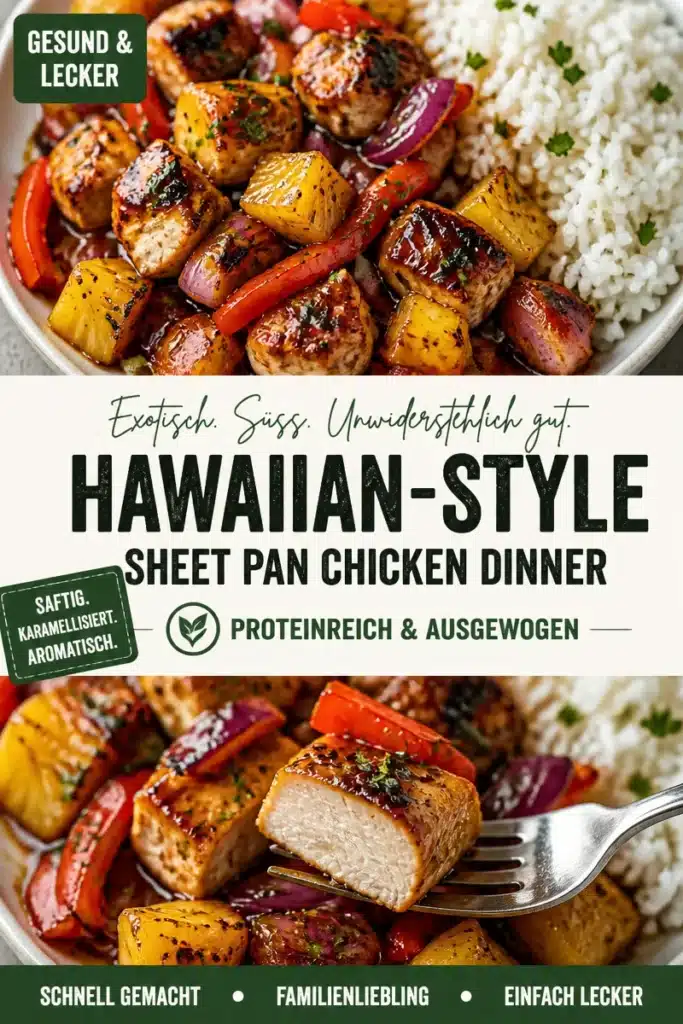 Hawaiian-Style Sheet Pan Chicken Dinner with colorful vegetables on a baking tray.