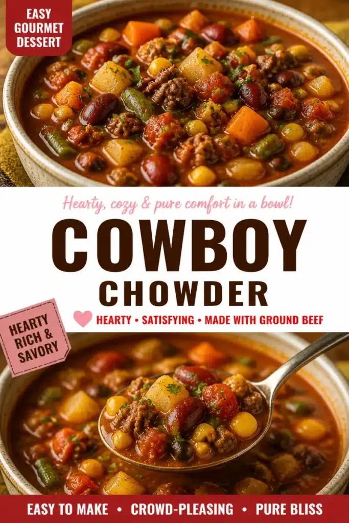 A bowl of hearty cowboy chowder with vegetables and spices