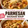 Bowl of hearty Italian sausage soup with vegetables and herbs.