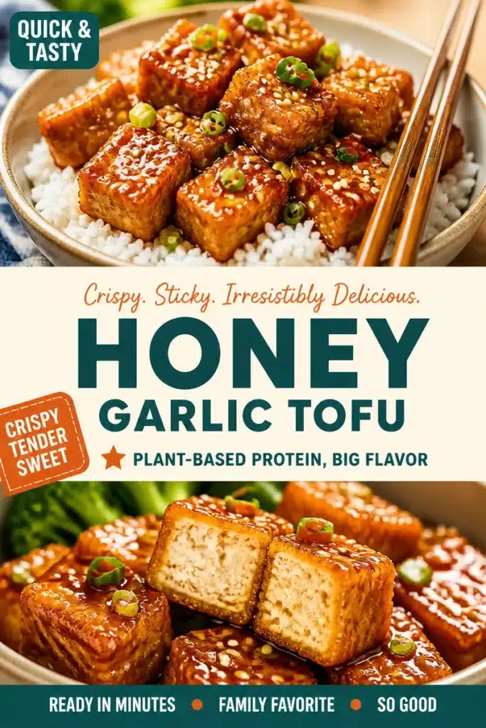 Honey-Garlic Crispy Tofu served on a plate with vegetables.