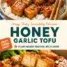 Honey-Garlic Crispy Tofu served on a plate with vegetables.