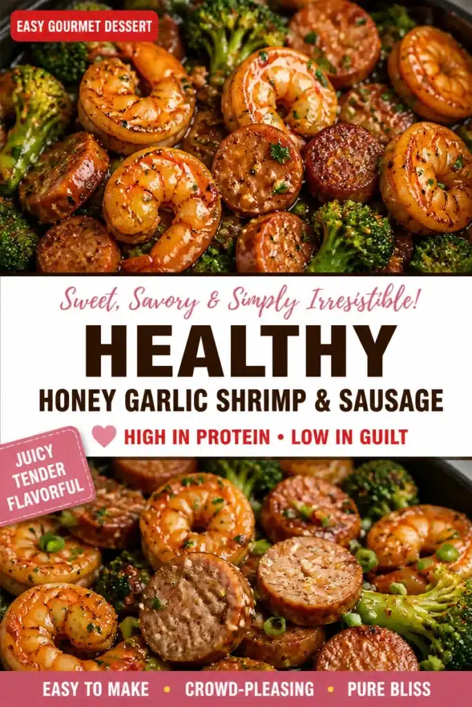 Plate of Honey-Garlic Shrimp with broccoli and chicken sausage