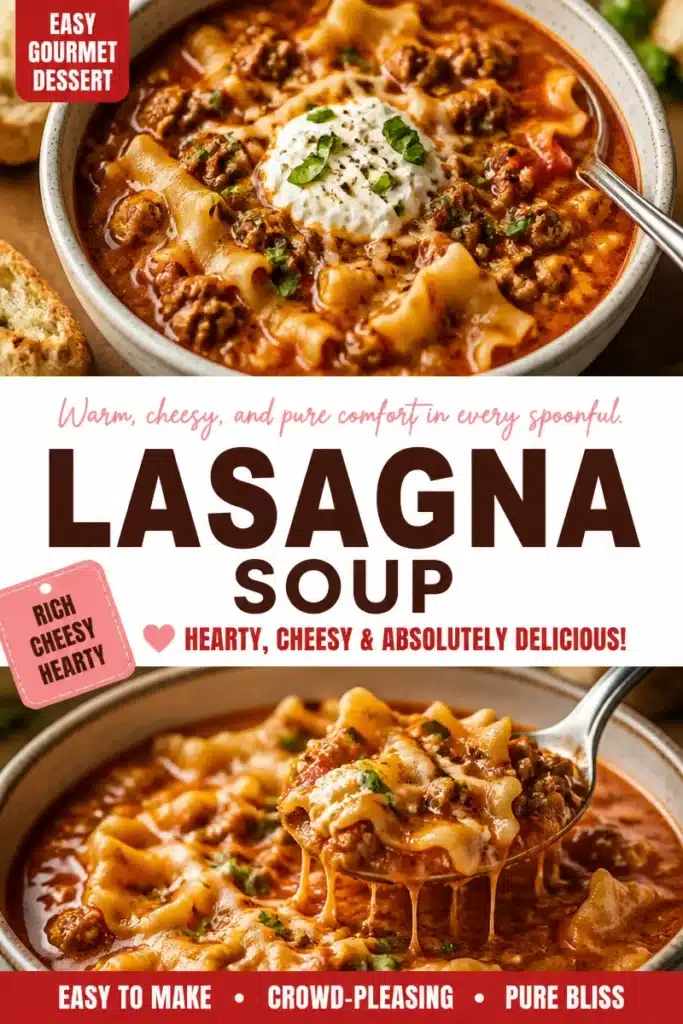 A bowl of delicious Lasagna Soup with layers of pasta, cheese, and rich tomato sauce.