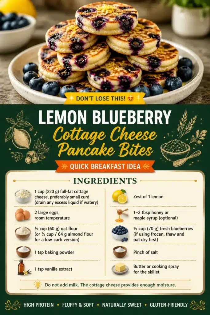 Delicious lemon blueberry cottage cheese pancake bites served on a plate.