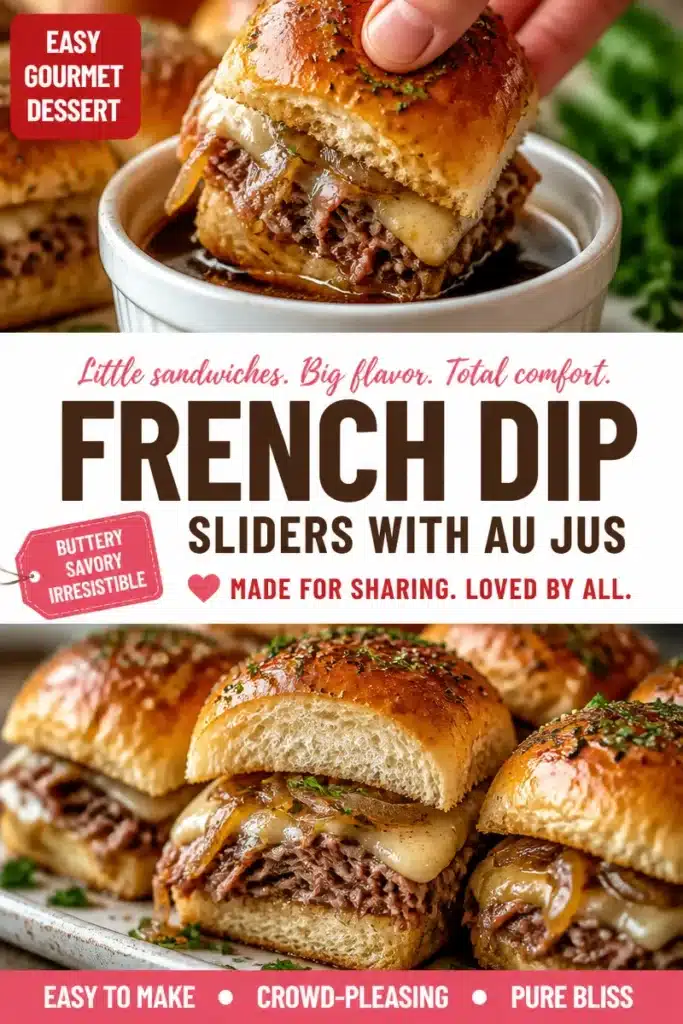 Mini beef dip sliders served with au jus for dipping