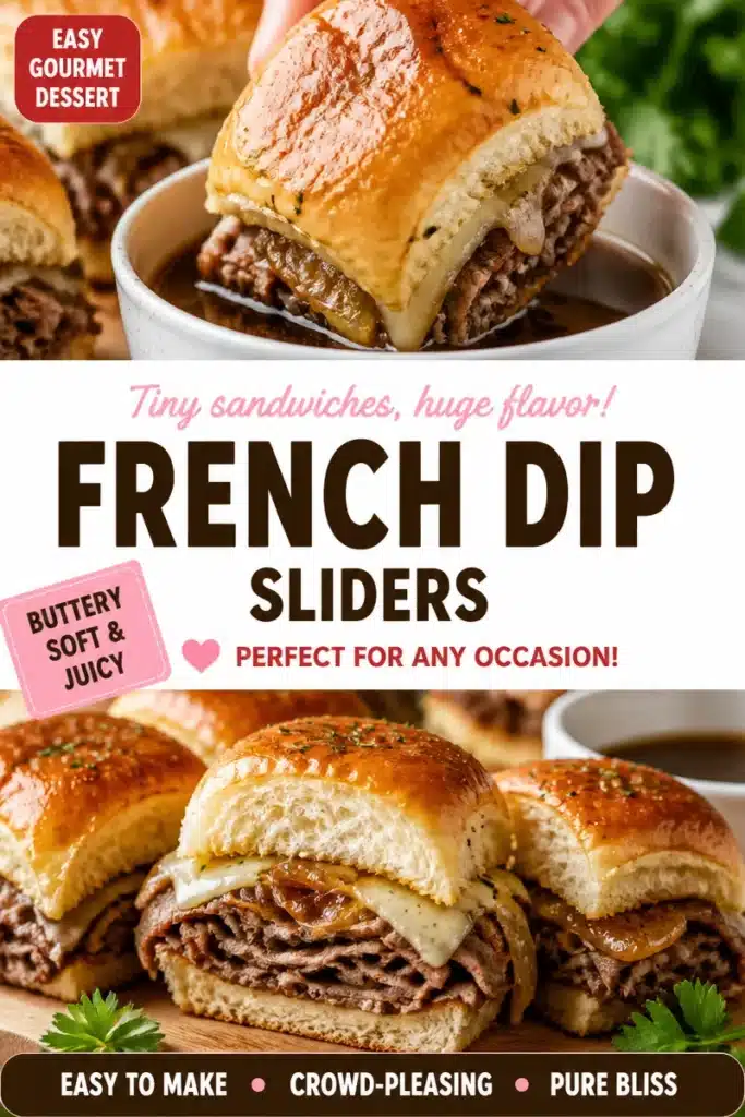 Mini French dip sandwiches served with au jus for dipping