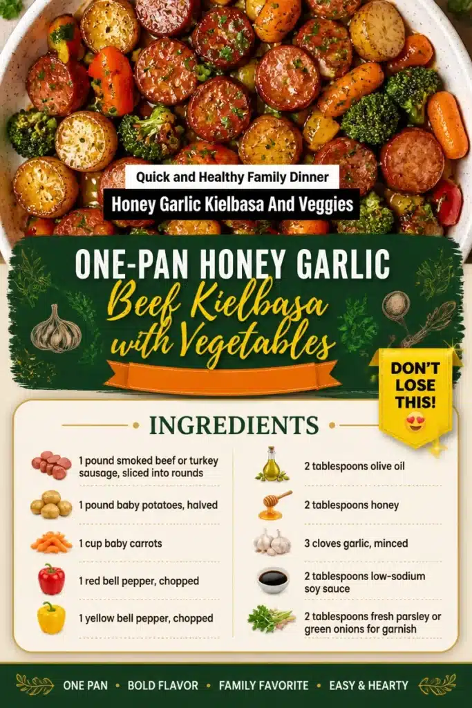 One-Pan Honey Garlic Beef Kielbasa served with colorful vegetables