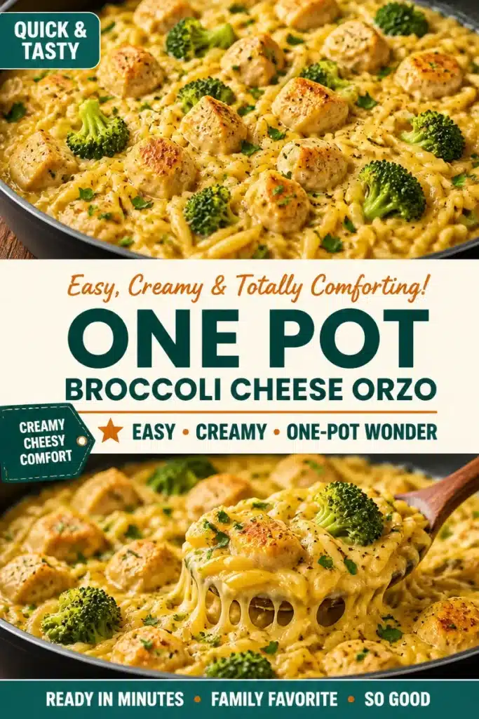 Creamy one pot broccoli cheese orzo dish ready to serve.