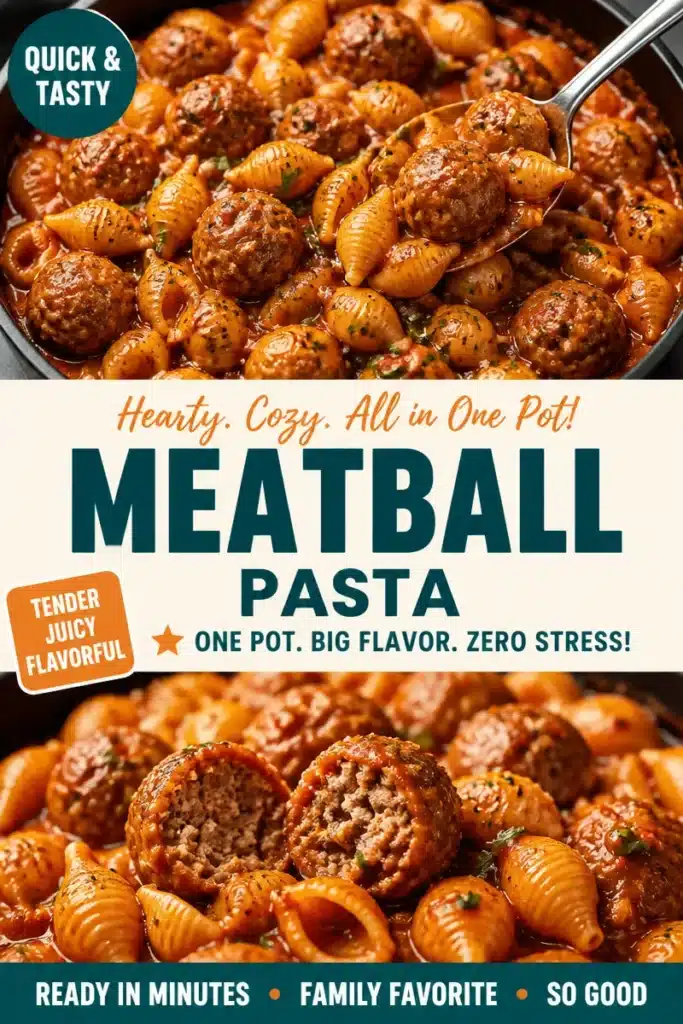 One-Pot Meatball Pasta dish served in a bowl, ready to enjoy.