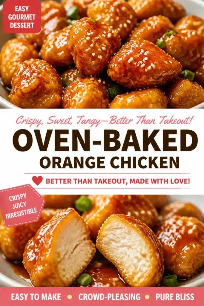 Oven-baked orange chicken served with rice and garnish.