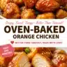 Oven-baked orange chicken served with rice and garnish.