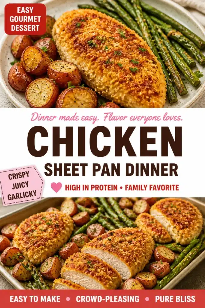 Sheet-Pan Parmesan-Crusted Chicken with vegetables ready to serve.